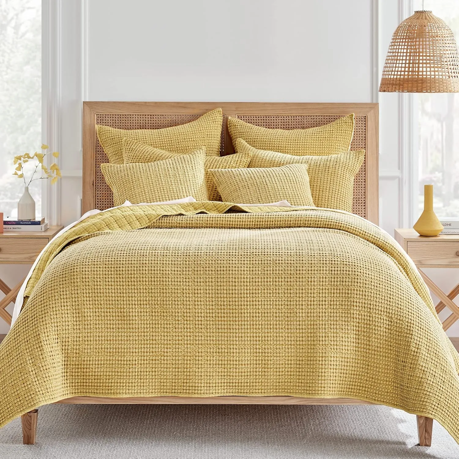 - Mills Waffle - Full/Queen Quilt Set - Ochre Cotton Waffle - Quilt Size (88 X