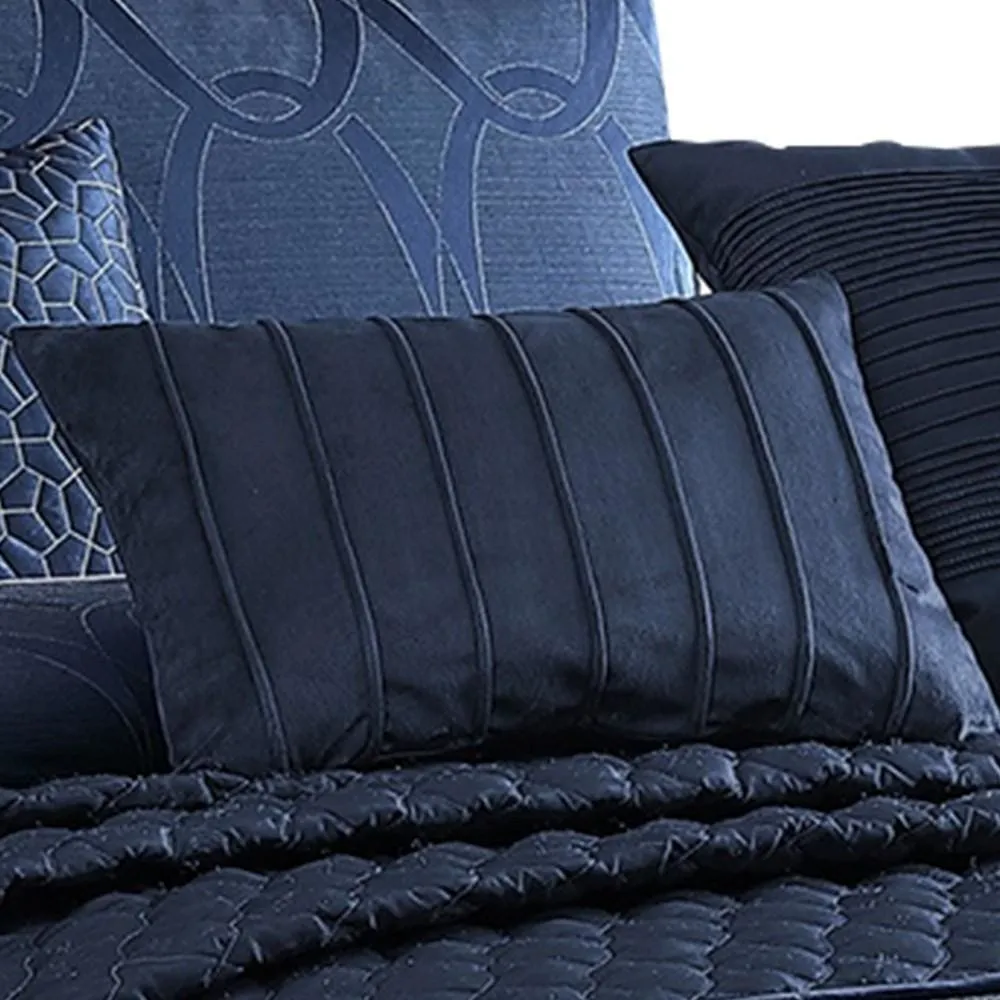 10 Piece King Polyester Comforter Set with Geometric Oblong Print, Dark Blue By Casagear Home