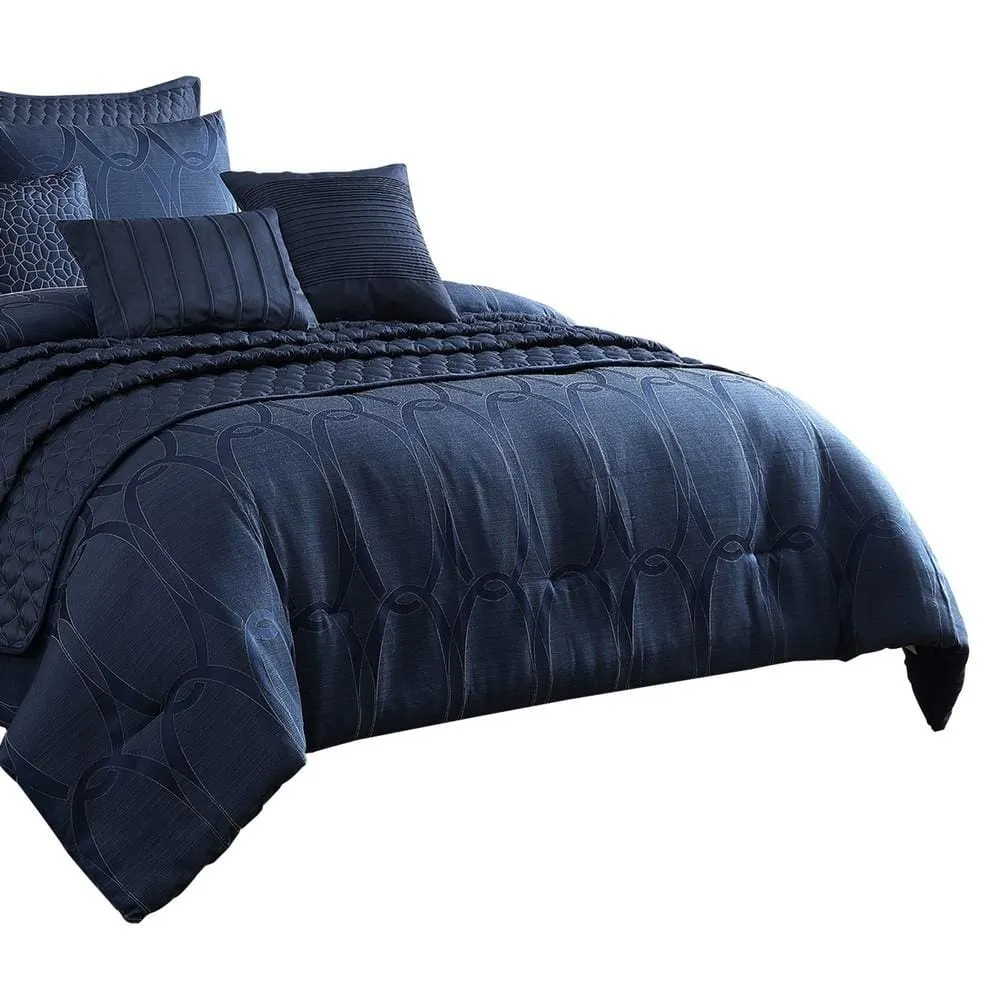 10 Piece King Polyester Comforter Set with Geometric Oblong Print, Dark Blue By Casagear Home