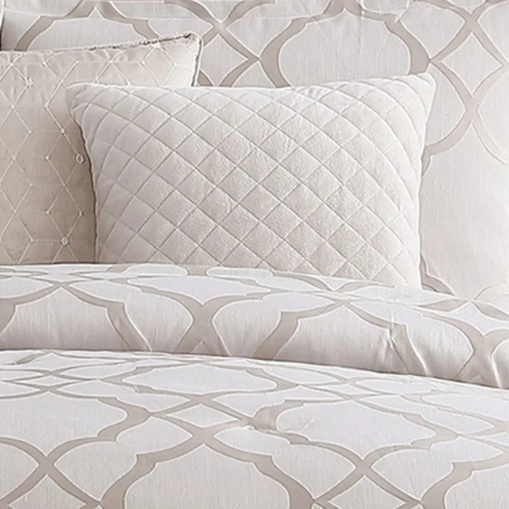 10 Piece King Size Fabric Comforter Set with Quatrefoil Prints, White By Casagear Home