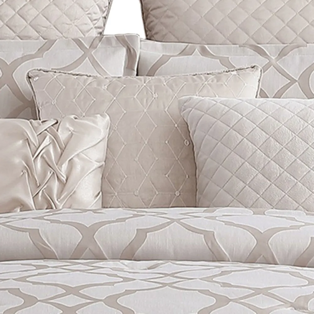 10 Piece King Size Fabric Comforter Set with Quatrefoil Prints, White By Casagear Home