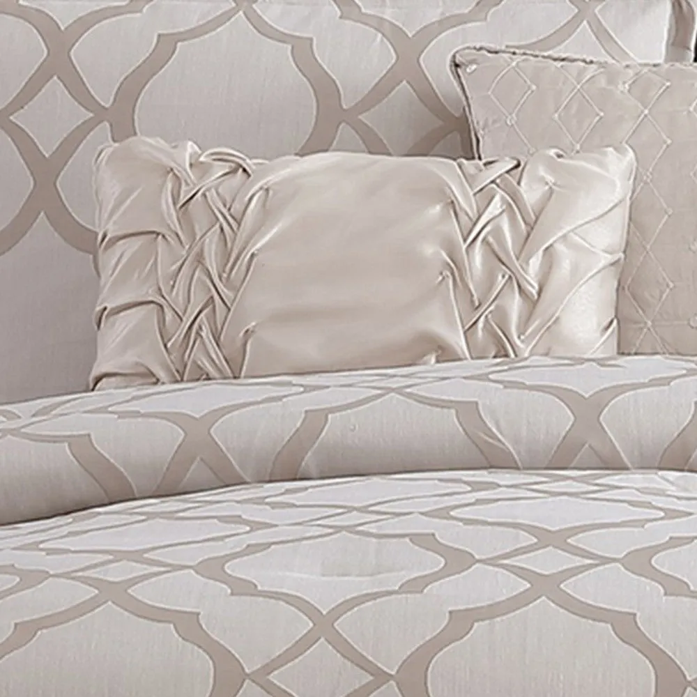 10 Piece King Size Fabric Comforter Set with Quatrefoil Prints, White By Casagear Home