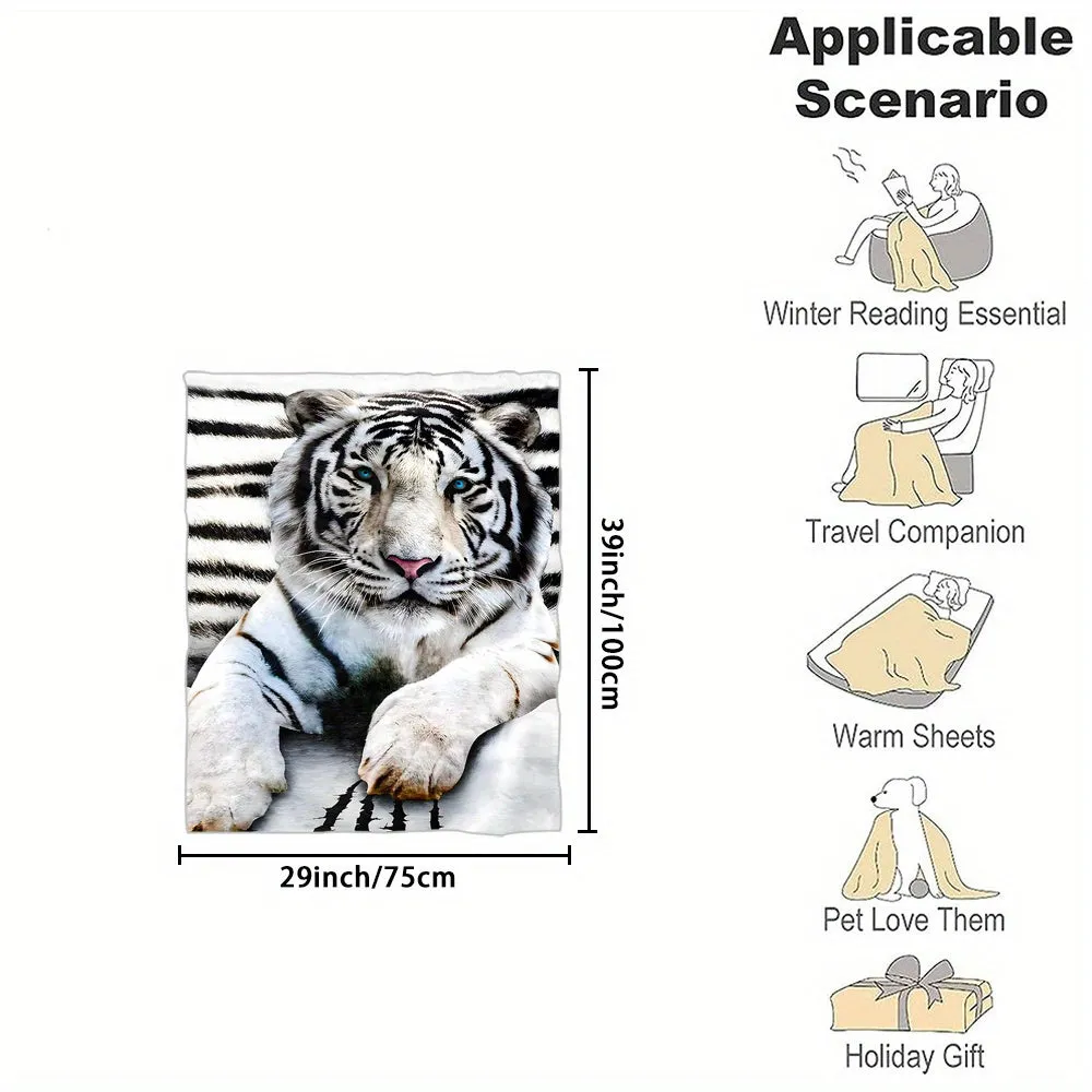 1pc White Tiger Printed Flannel Blanket - Luxuriously Soft & Cozy for Adults - Eye-Catching Design - Versatile Use at Home, Picnics, and Travel - Perfect Gift Option