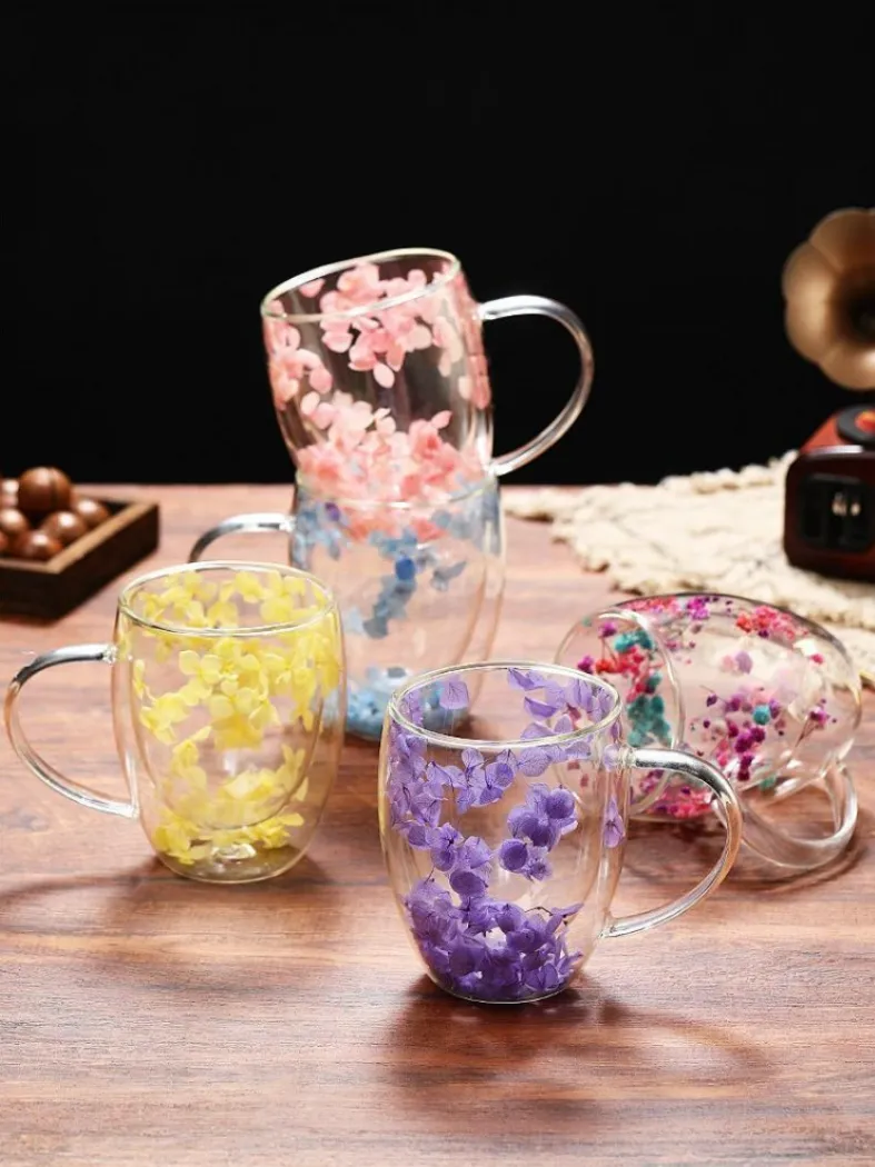 350ml Flower Petals Double Walled Glass Coffee Mug