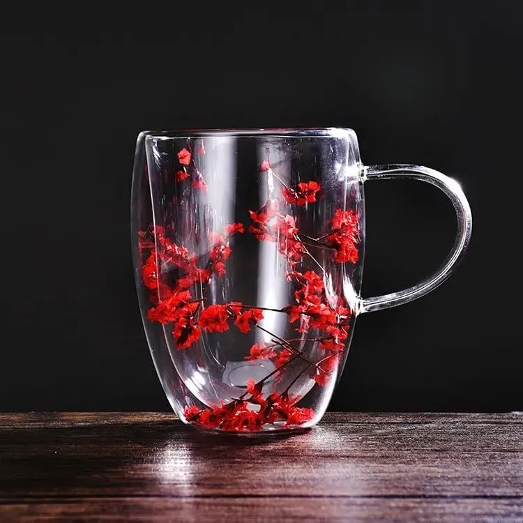 350ml Flower Petals Double Walled Glass Coffee Mug