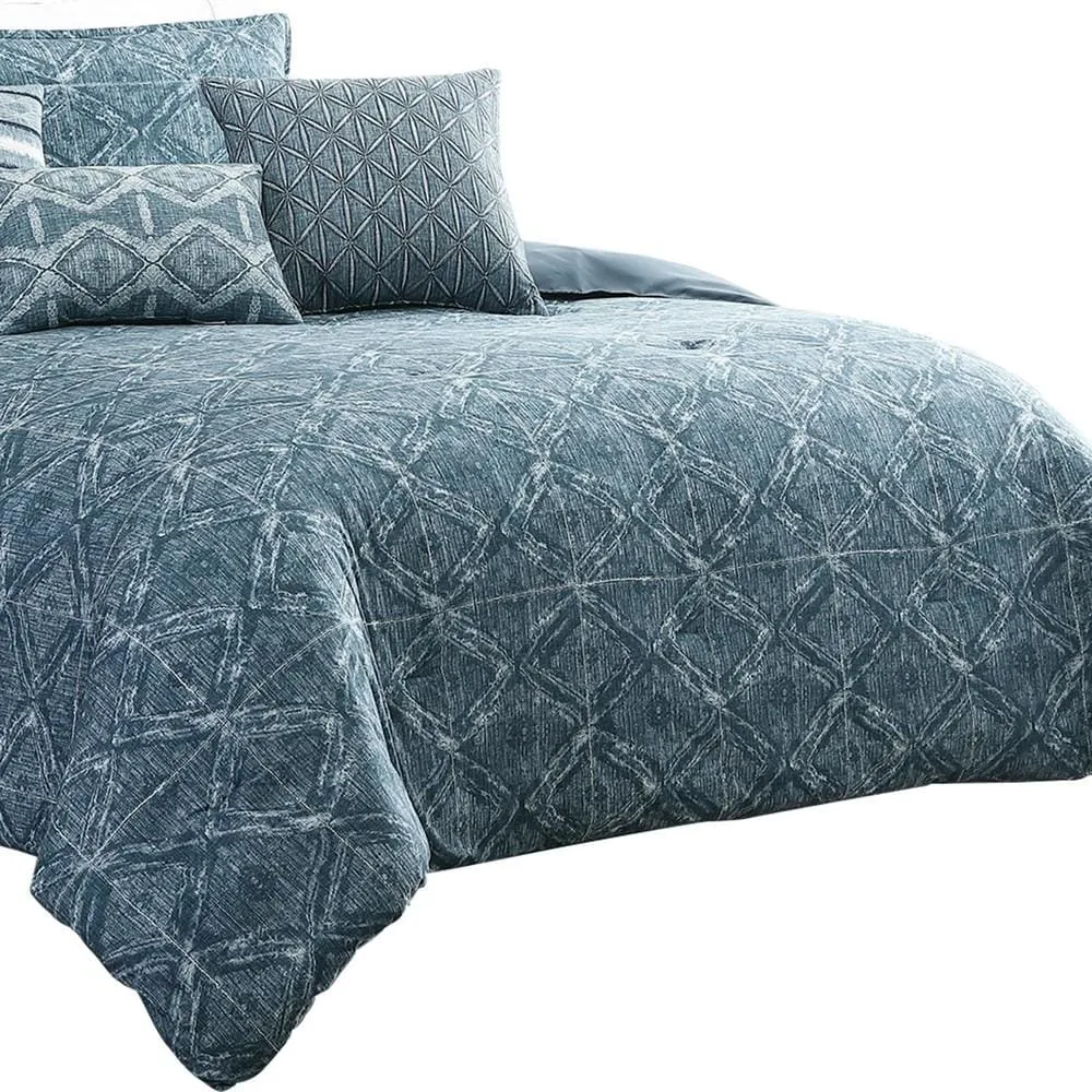 7 Piece King Size Cotton Comforter Set with Geometric Print, Blue By Casagear Home