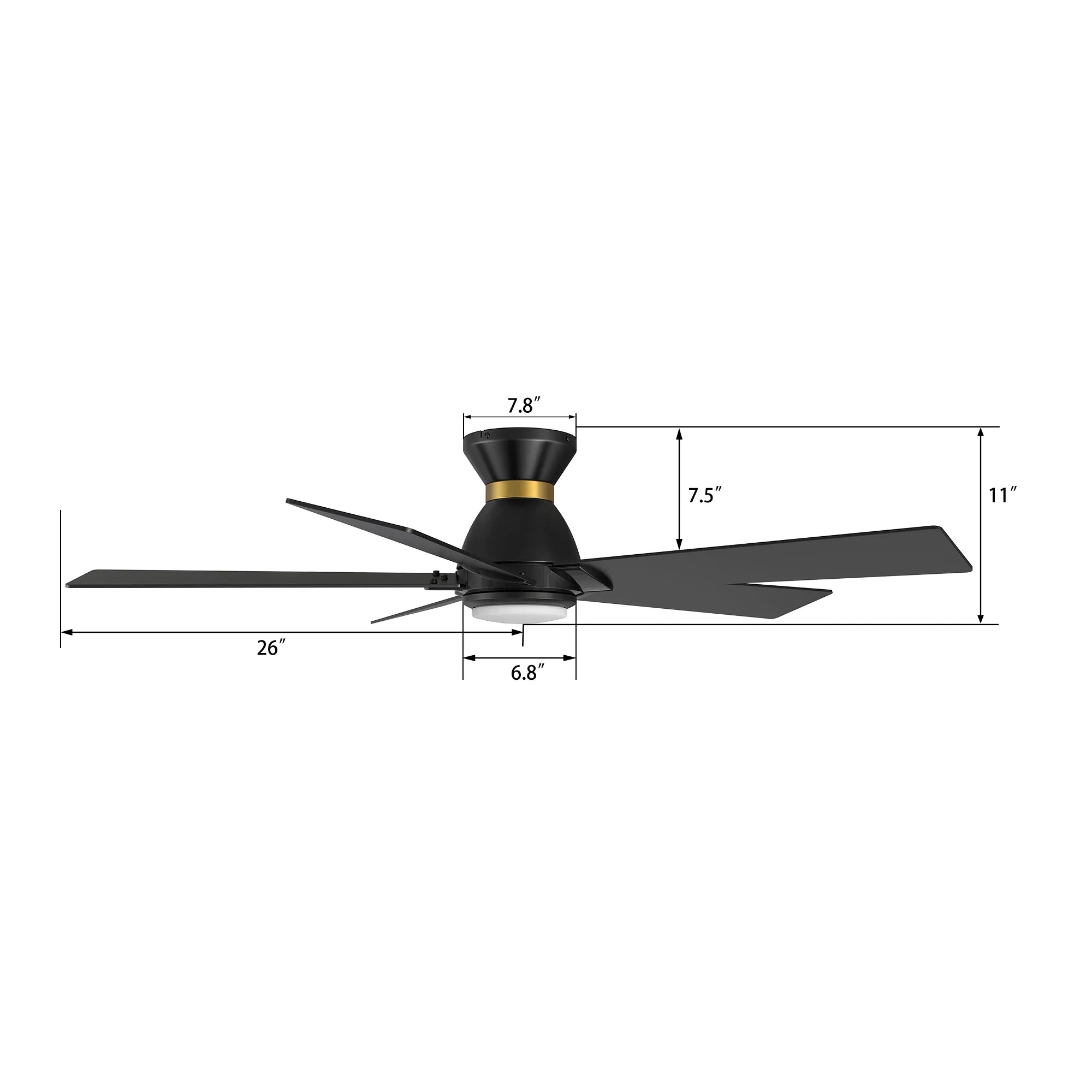 ASCENDER 52 inch 5-Blade Flush Mount Smart Ceiling Fan with LED Light & Remote Control - Black/Black (Gold Rim)