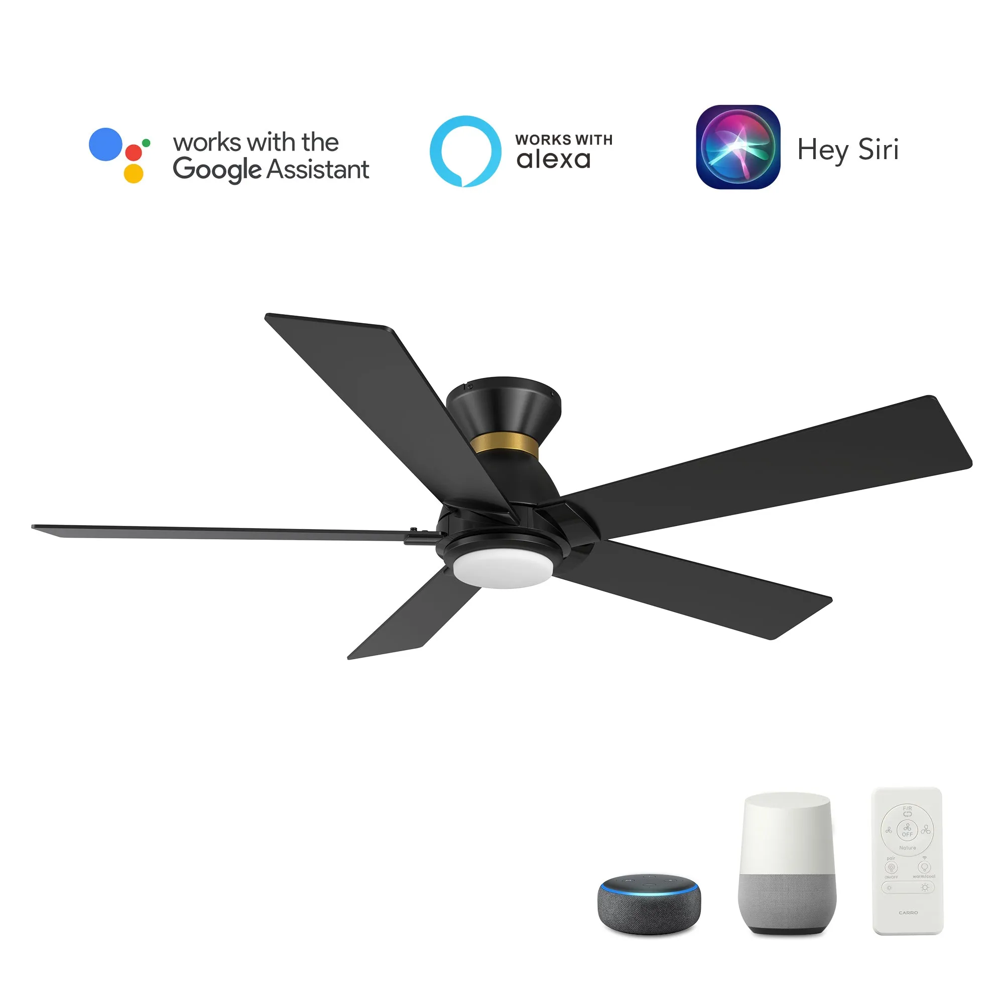 ASCENDER 52 inch 5-Blade Flush Mount Smart Ceiling Fan with LED Light & Remote Control - Black/Black (Gold Rim)