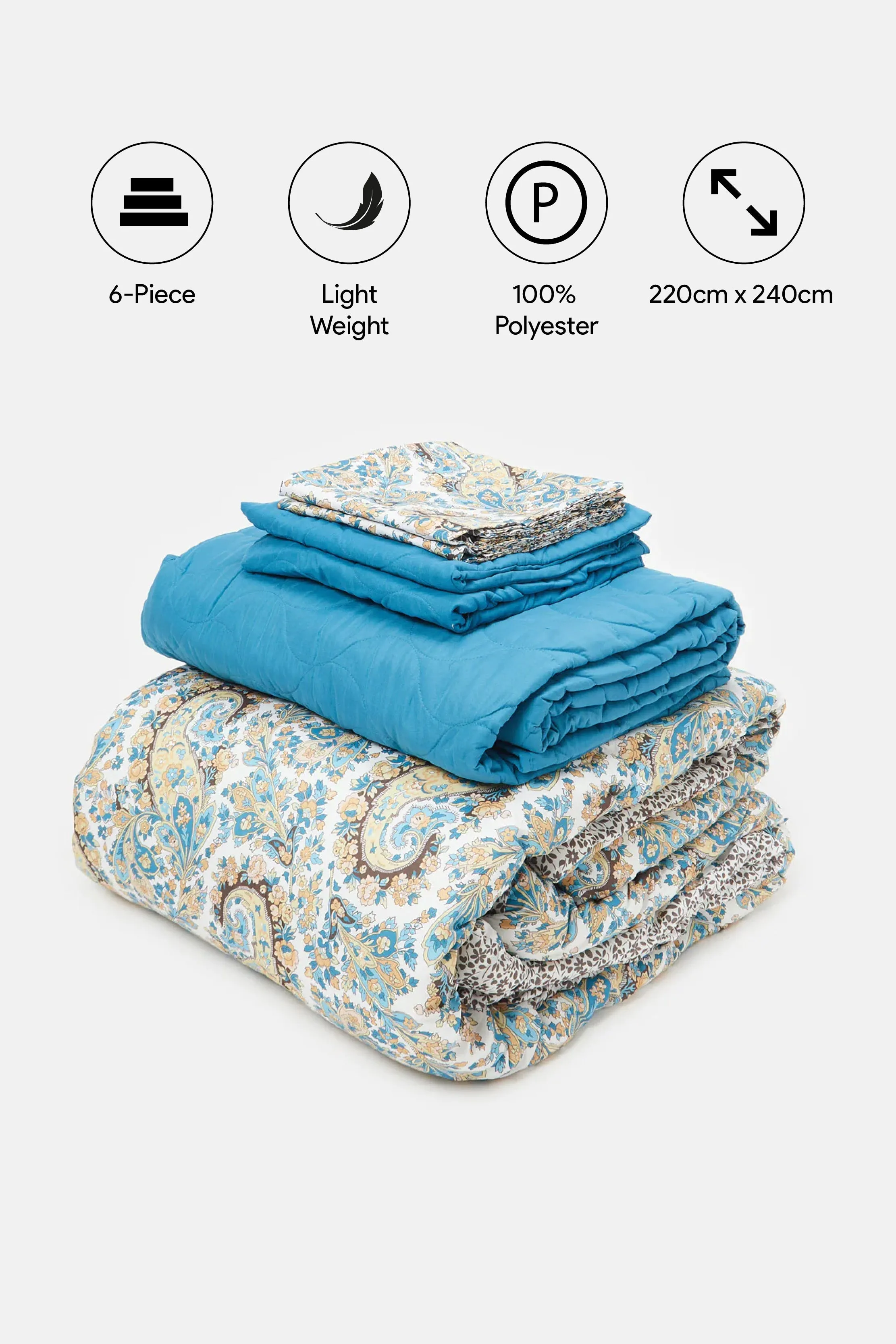 Beige And Blue Paisley Printed Comforter 6 Piece Set (Double Size)