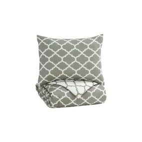 Benzara 2 Piece Twin Comforter Set with Quatrefoil Design, Gray and White