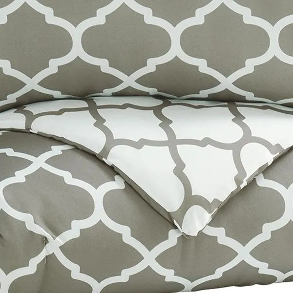 Benzara 2 Piece Twin Comforter Set with Quatrefoil Design, Gray and White