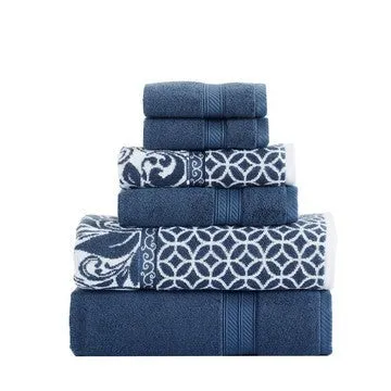 Bev Modern 6 Piece Cotton Towel Set, Jacquard Filigree Pattern, Deep Blue By Casagear Home