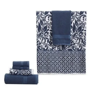 Bev Modern 6 Piece Cotton Towel Set, Jacquard Filigree Pattern, Deep Blue By Casagear Home