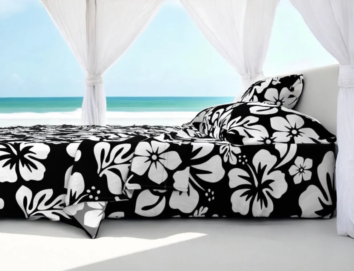 Black and White Hawaiian Flowers Sheet Set from Surfer Bedding™️ Medium Scale