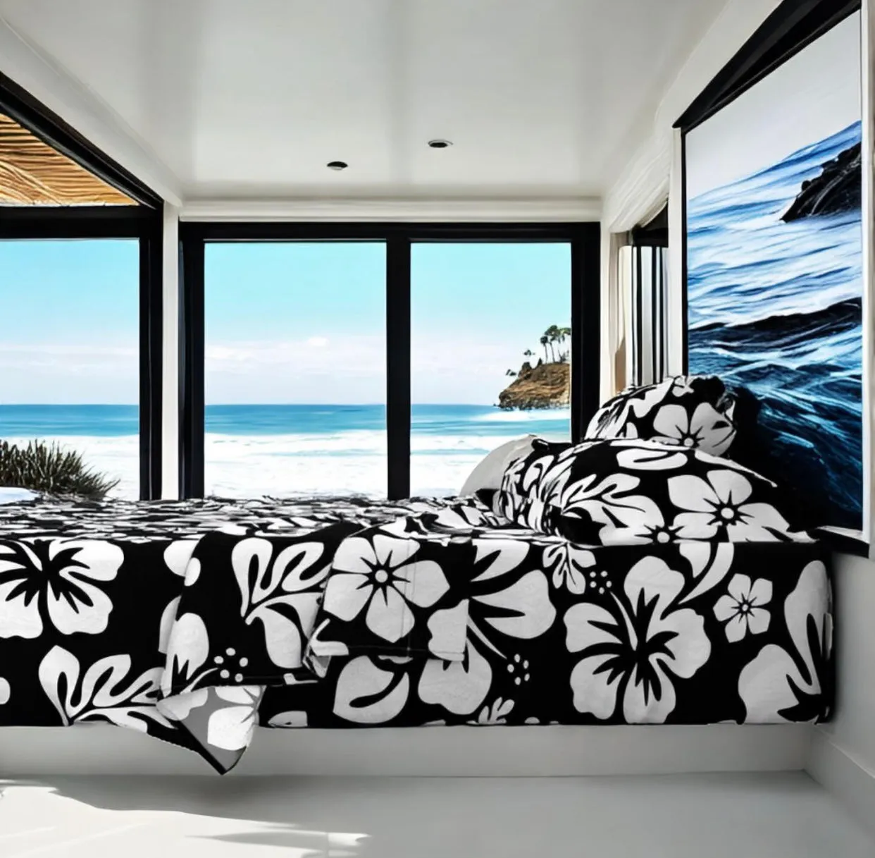 Black and White Hawaiian Flowers Sheet Set from Surfer Bedding™️ Medium Scale