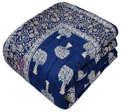 BLOCKSOFJAIPUR Original Pure Cotton 750 TC Jaipuri Razai Comforter Breathable Lightweight AC Quilt Summer and Winter Bedding | Throw Bed Blanket Double Bed 85 X 100 Inches Golden (Blue Tree)