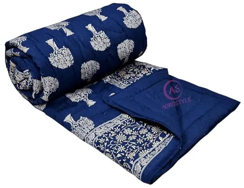 BLOCKSOFJAIPUR Original Pure Cotton 750 TC Jaipuri Razai Comforter Breathable Lightweight AC Quilt Summer and Winter Bedding | Throw Bed Blanket Double Bed 85 X 100 Inches Golden (Blue Tree)