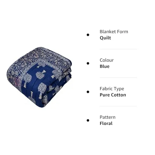 BLOCKSOFJAIPUR Original Pure Cotton 750 TC Jaipuri Razai Comforter Breathable Lightweight AC Quilt Summer and Winter Bedding | Throw Bed Blanket Double Bed 85 X 100 Inches Golden (Blue Tree)