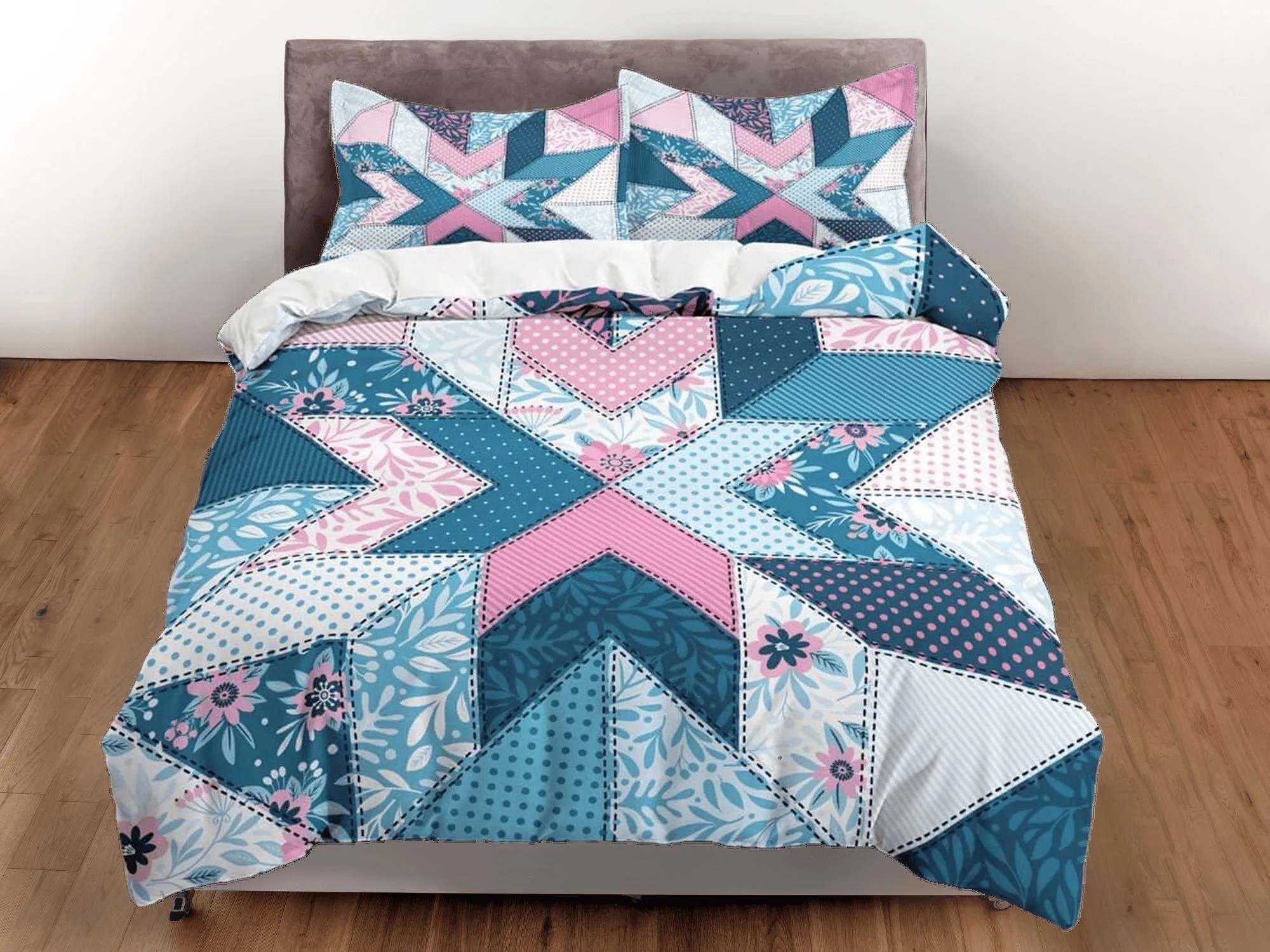 Blue pink crossover patchwork quilt printed duvet cover set, aesthetic decor bedding set full, king, queen size, boho bedspread shabby chic