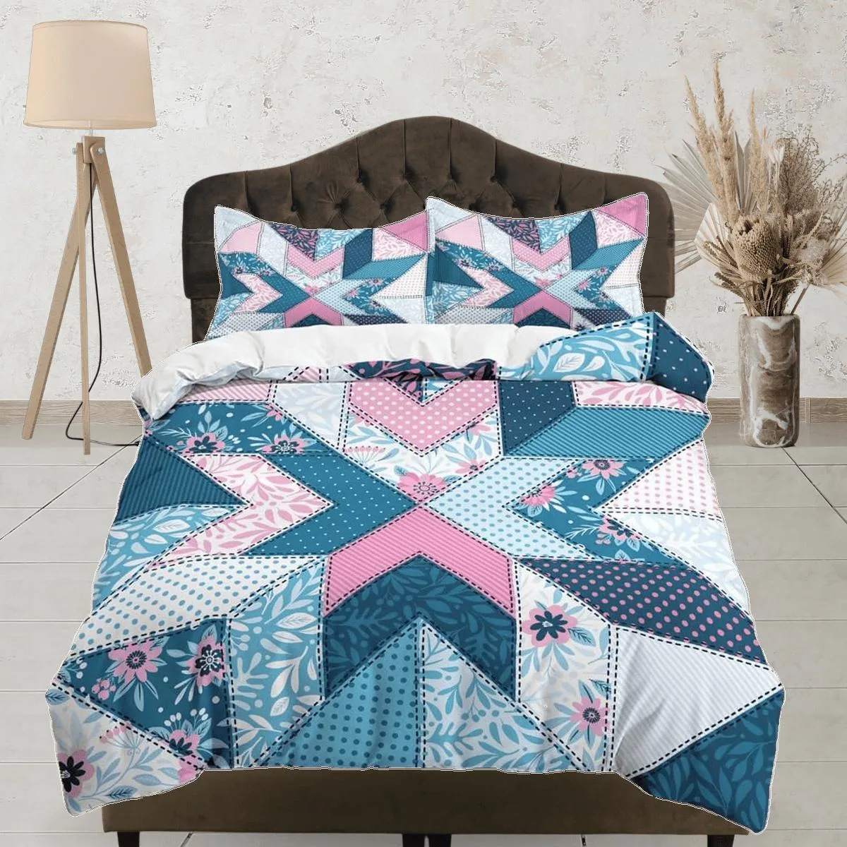 Blue pink crossover patchwork quilt printed duvet cover set, aesthetic decor bedding set full, king, queen size, boho bedspread shabby chic