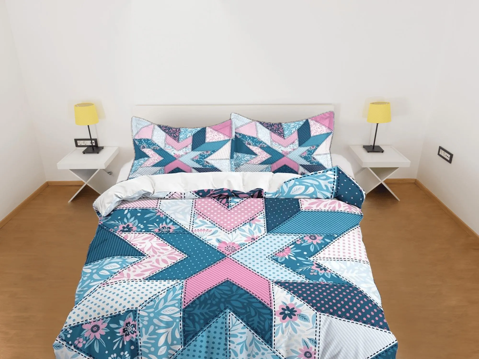 Blue pink crossover patchwork quilt printed duvet cover set, aesthetic decor bedding set full, king, queen size, boho bedspread shabby chic