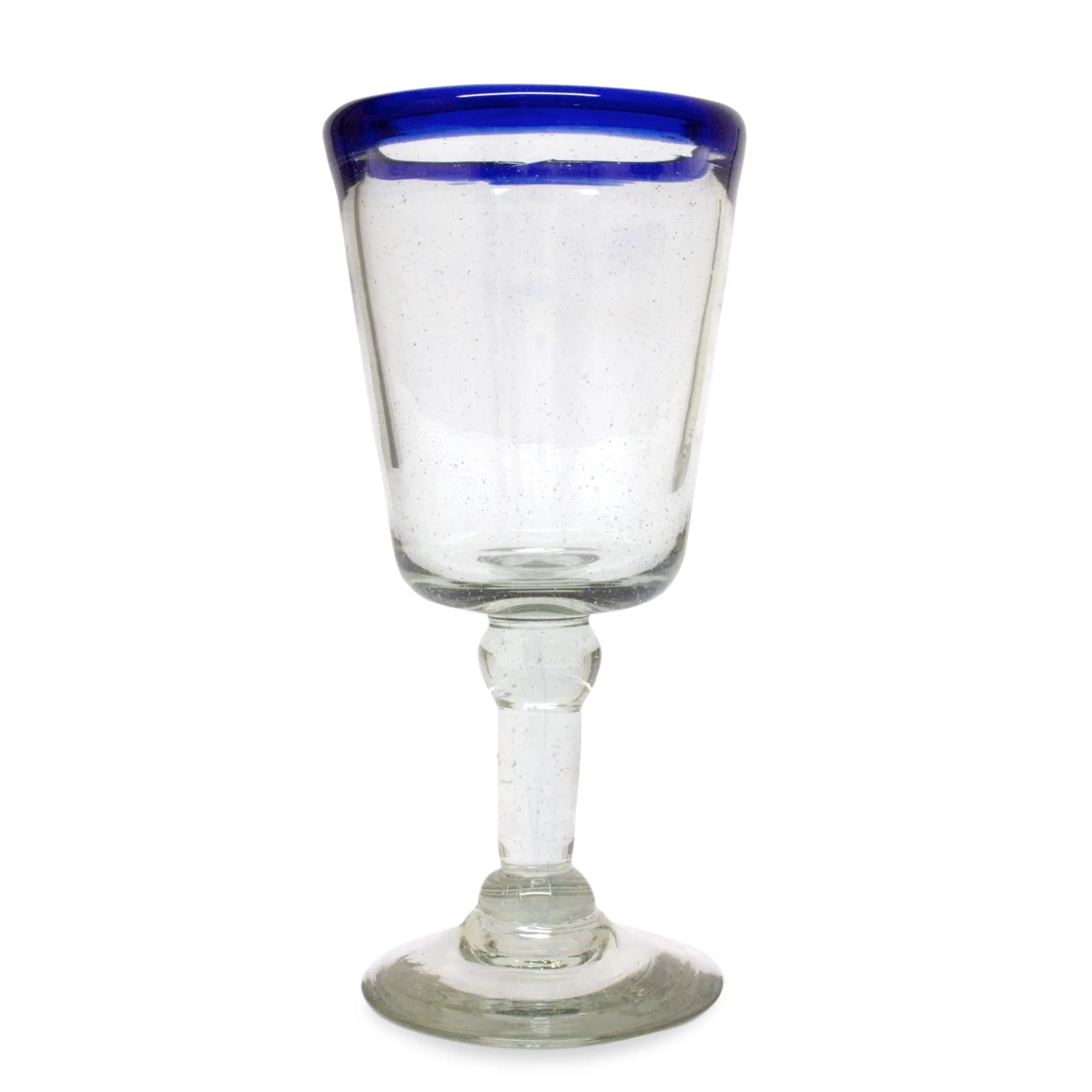 Chardonnay Hand Blown Wine Glasses Set of 6 Blue Rim Goblets Mexico