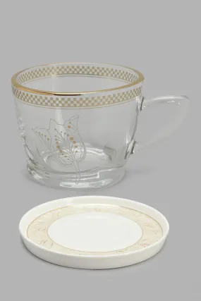 Clear Glass Floral Tea Cup And Ceramic Saucer