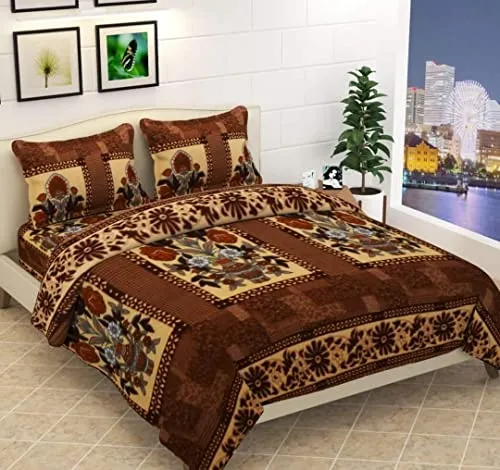 COQUETRY Super Silky Fleece Floral Designed King Size Warm Double Bedsheets with 2 Pillow Cover for Your Home, Kids Room, Guestroom & Hotel (90x100 Inches) (Brown)