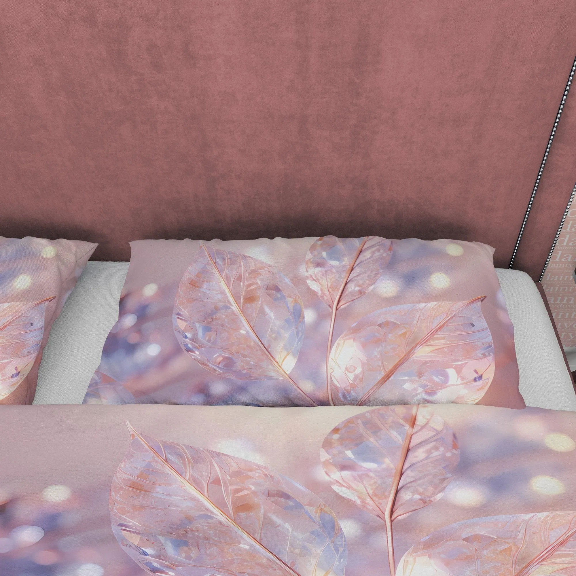 Crystal Holographic Bedding Set Boho Duvet Cover, Leaf Quilt Cover, Moonstone Inspired Bedspread, Pastel Color Galaxy Opal Bed Cover