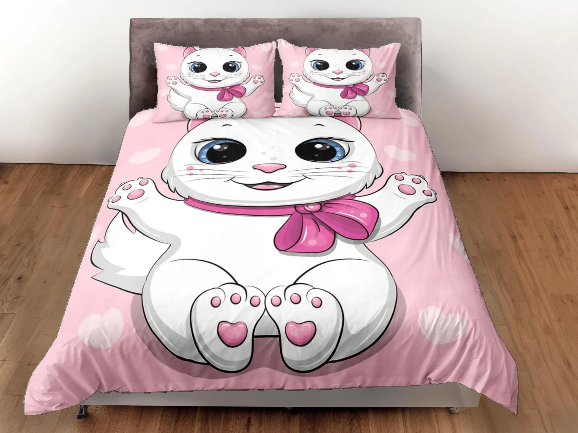 Cute white cat bedding pink, toddler bedding, kids duvet cover set, gift for cat lovers, baby bedding, baby shower gift, girly bedding