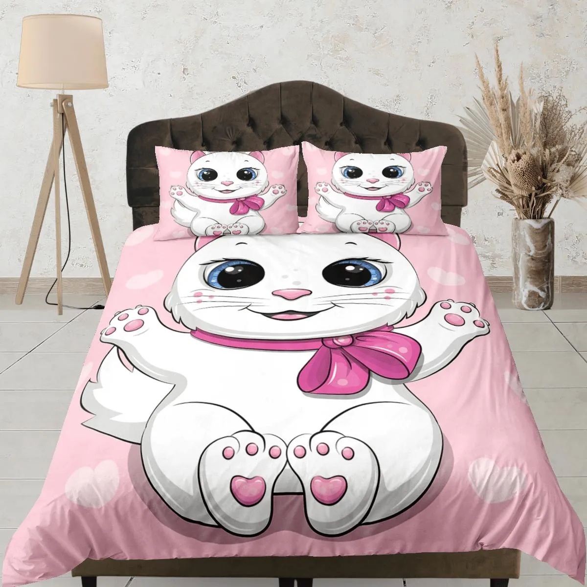 Cute white cat bedding pink, toddler bedding, kids duvet cover set, gift for cat lovers, baby bedding, baby shower gift, girly bedding