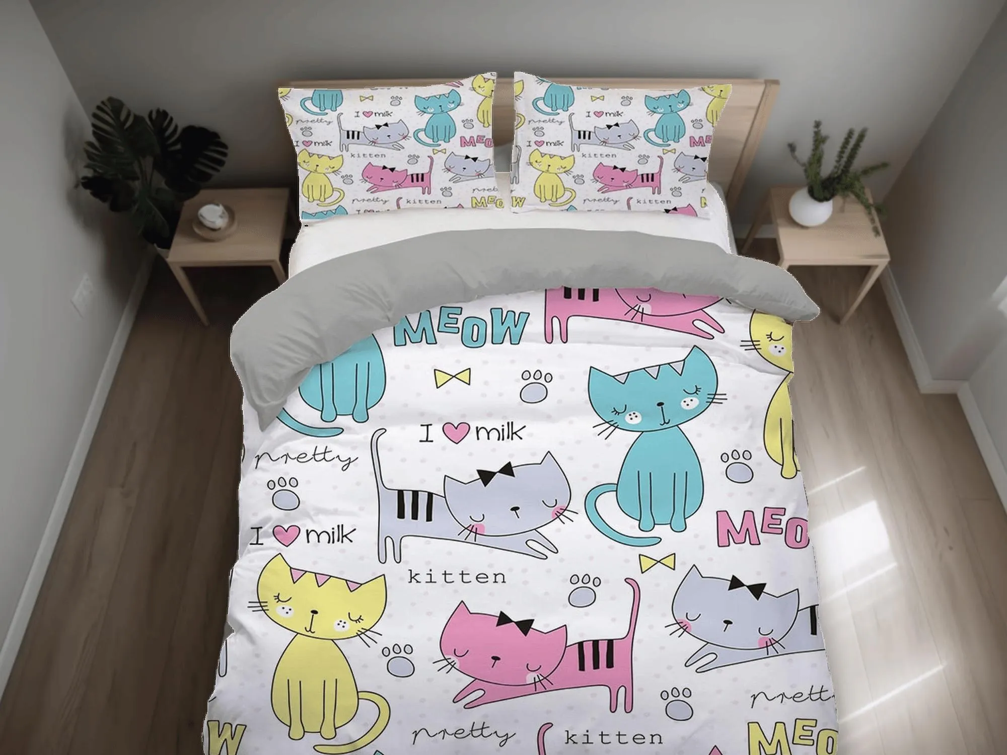 Doodle style colorful cat bedding, toddler bedding, kids duvet cover set, gift for cat lovers, baby bedding, baby shower gift