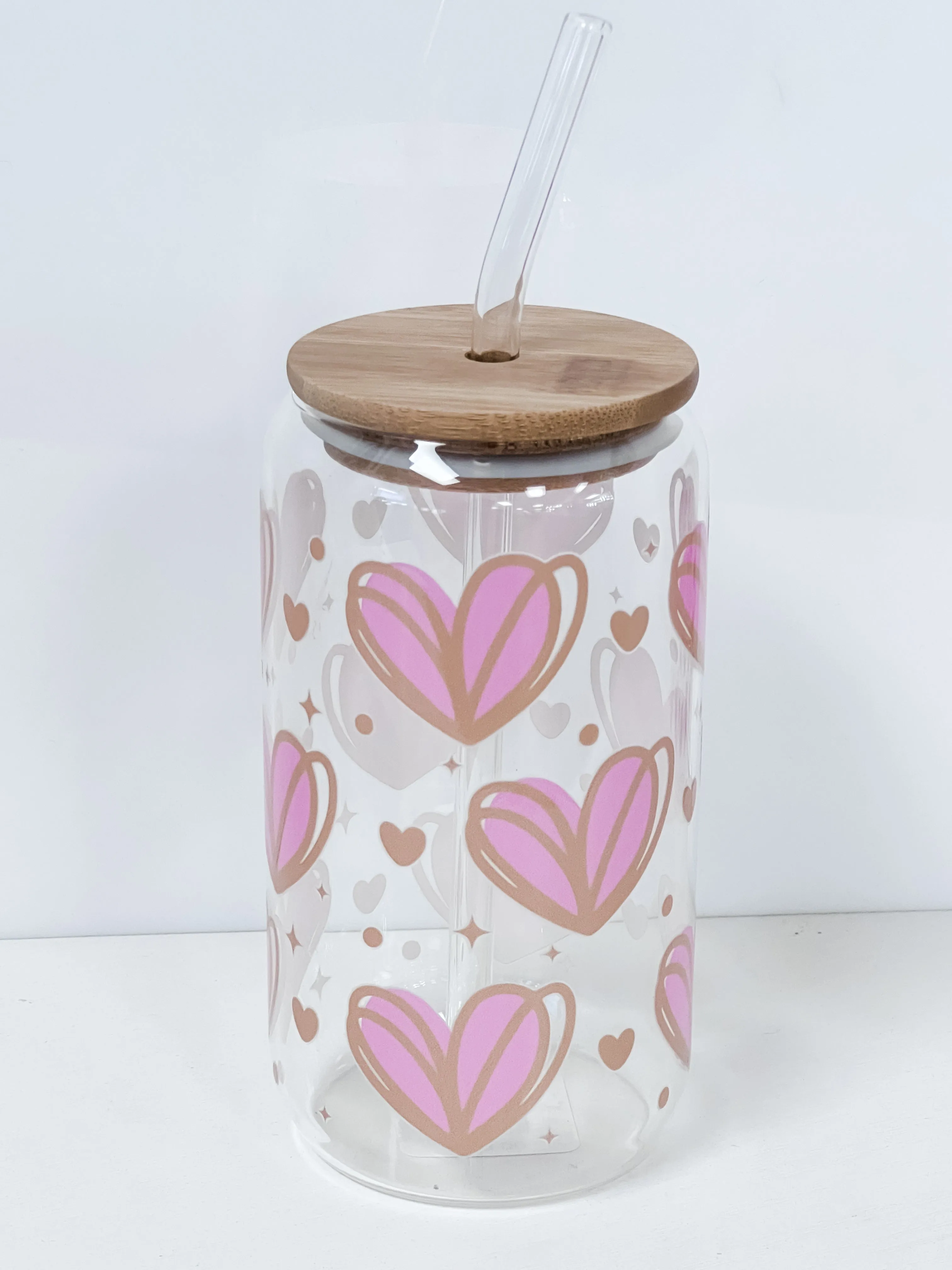 Drinking Glass 16 oz. - Pink & Tan Hearts