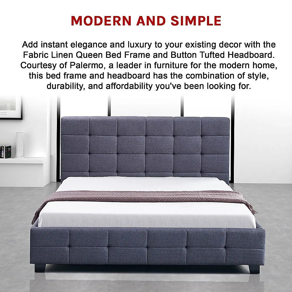 Durable Grey Queen Bed Frame with Tufted Headboard, Palermo