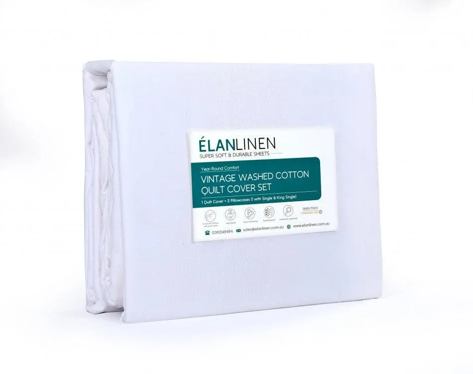 Elan Linen 100% Egyptian Cotton Vintage Washed 500TC White Super King Quilt Cover Set