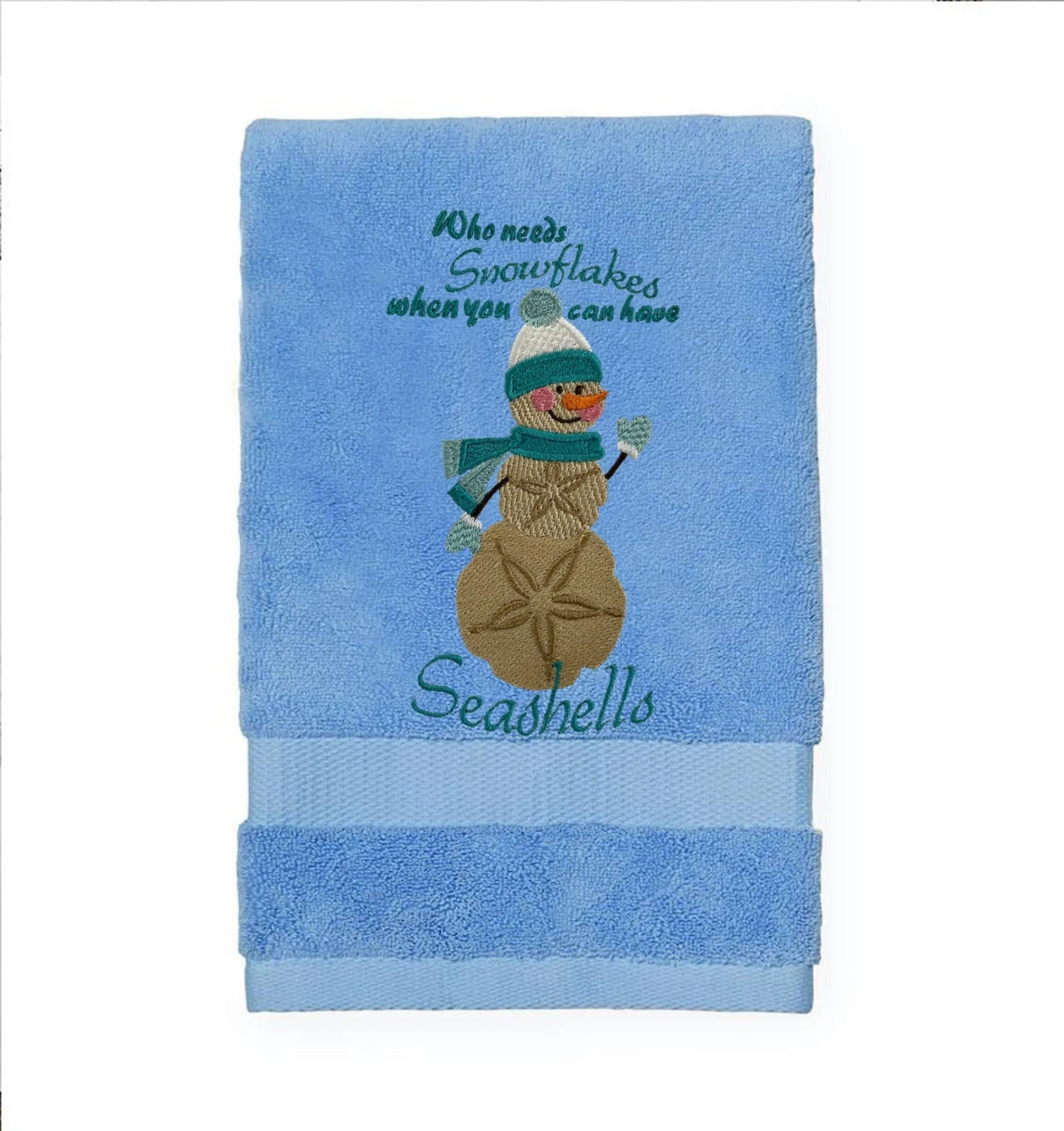 Embroidered Winter “Who Needs Snowflakes When You Have Seashells” Guest Bath Towels. 100% Plush Cotton Hand Towel