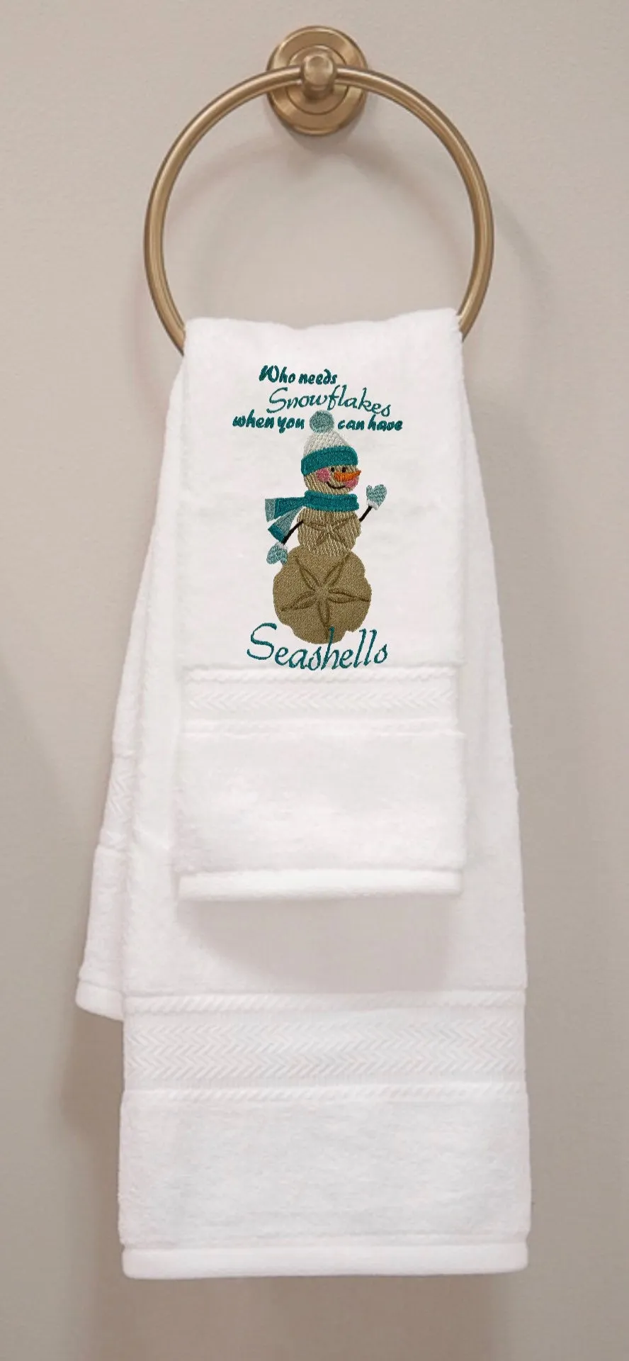 Embroidered Winter “Who Needs Snowflakes When You Have Seashells” Guest Bath Towels. 100% Plush Cotton Hand Towel