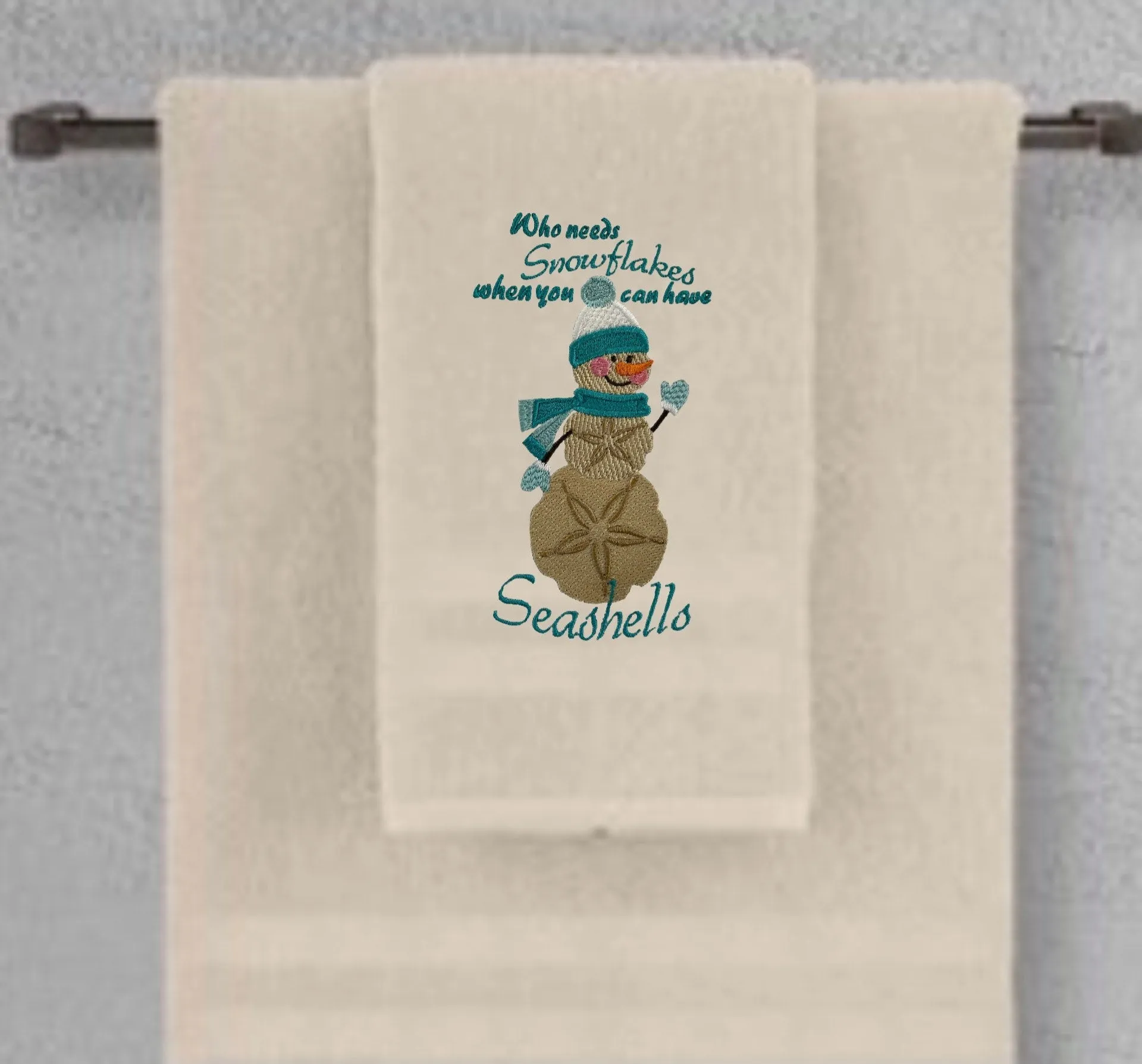 Embroidered Winter “Who Needs Snowflakes When You Have Seashells” Guest Bath Towels. 100% Plush Cotton Hand Towel