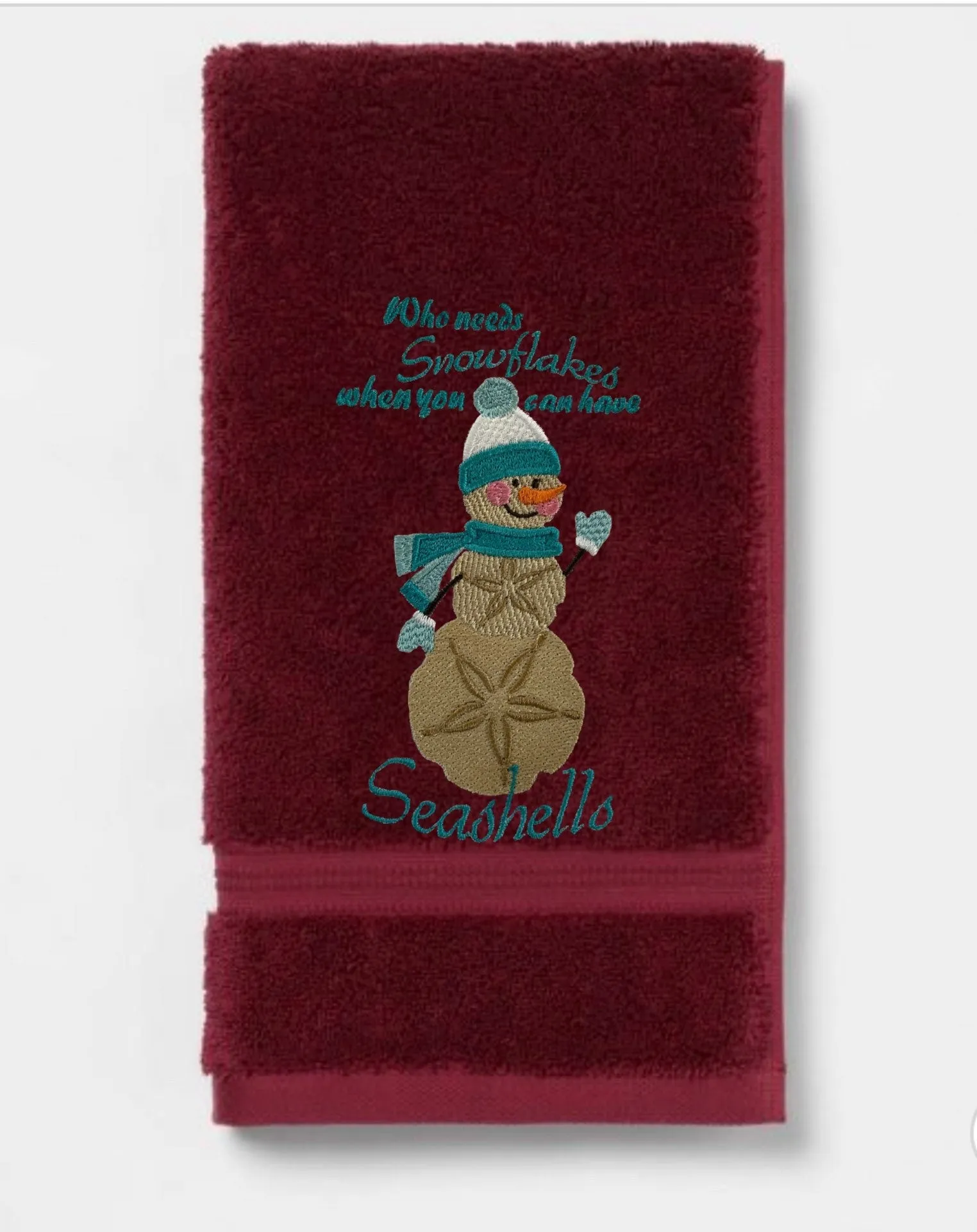 Embroidered Winter “Who Needs Snowflakes When You Have Seashells” Guest Bath Towels. 100% Plush Cotton Hand Towel