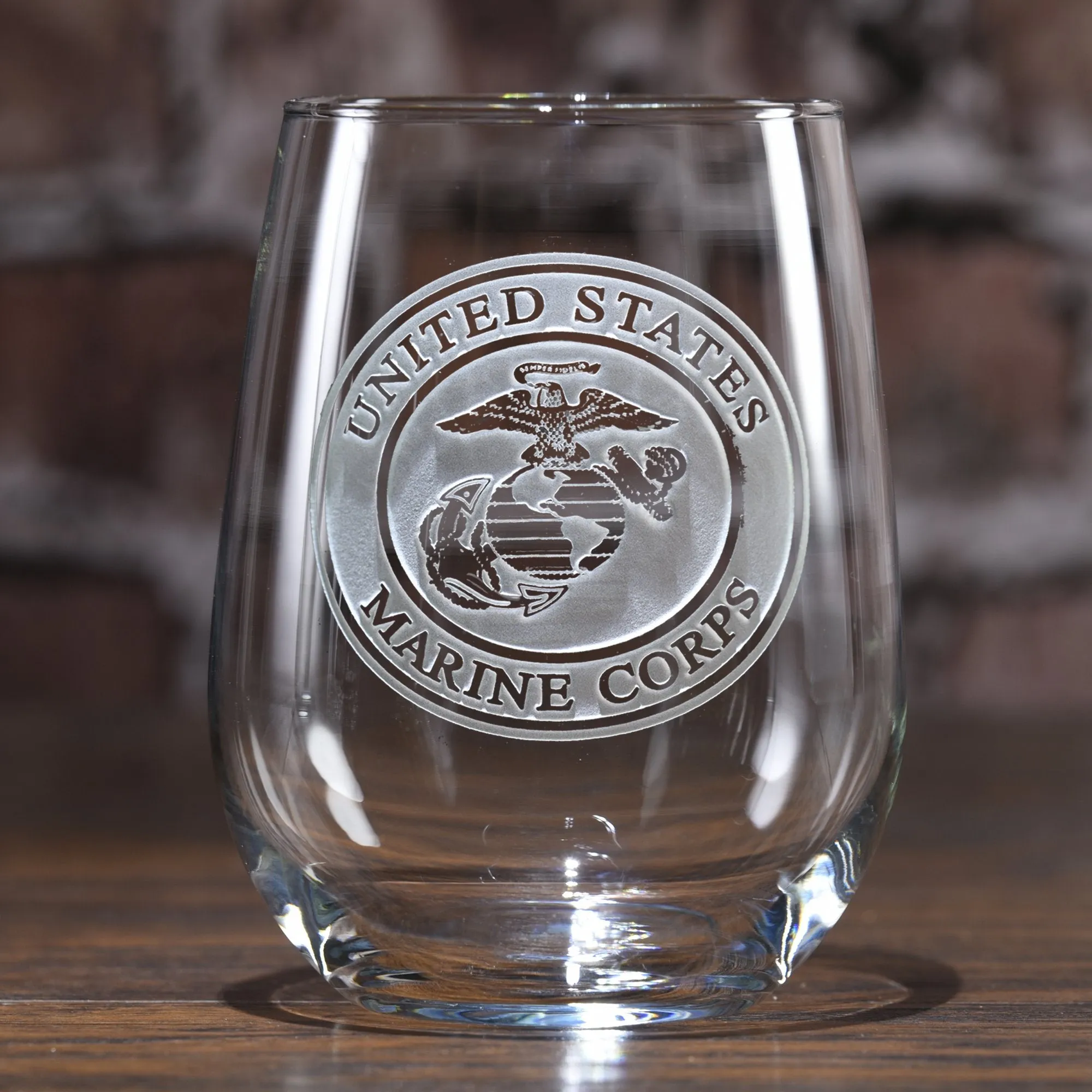 Engraved Marines Stemless Wine Glasses