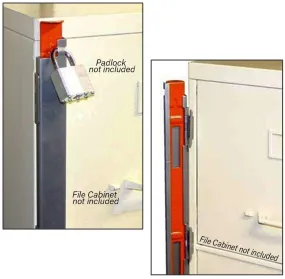 File Cabinet Locking Bar, Reversible, 2-Drawer, Spring Open Action, 21.5" Length, Powder Coated Steel, Silver Cover, Bright Orange Slide