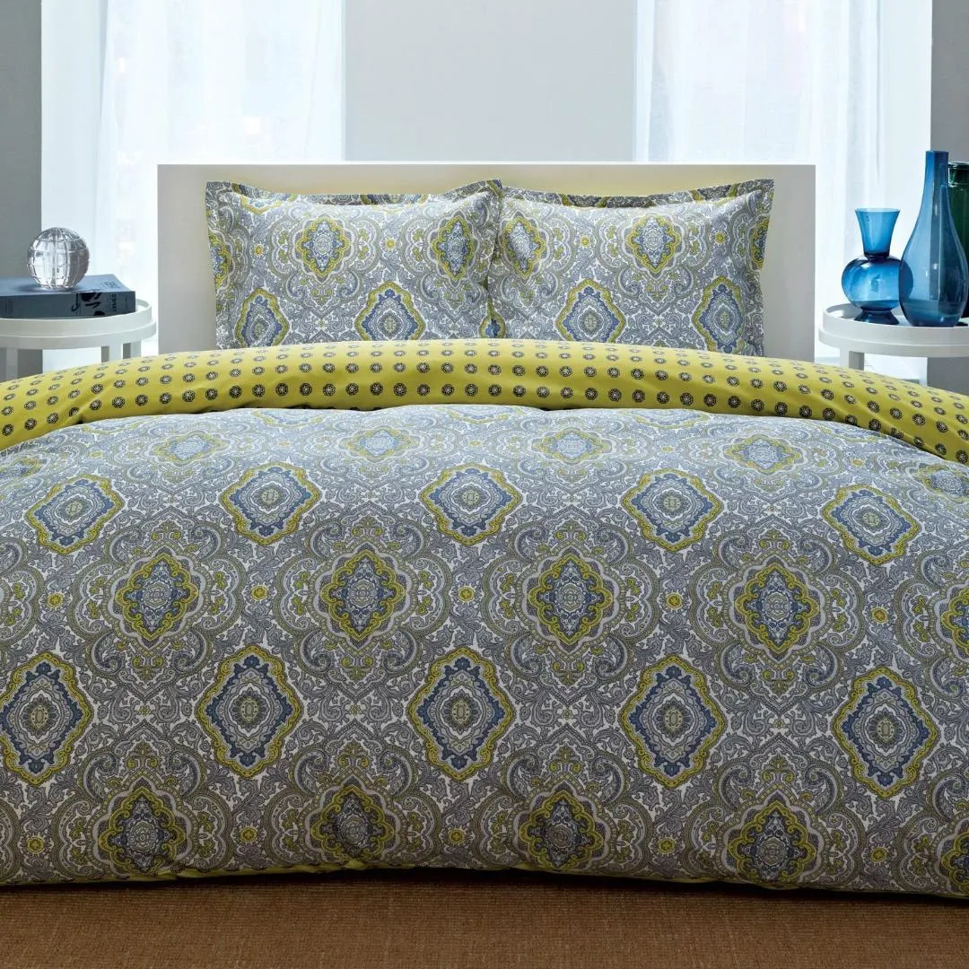 Full-Queen 100-percent Cotton Damask 3 Piece Comforter Set in Yellow - Blue