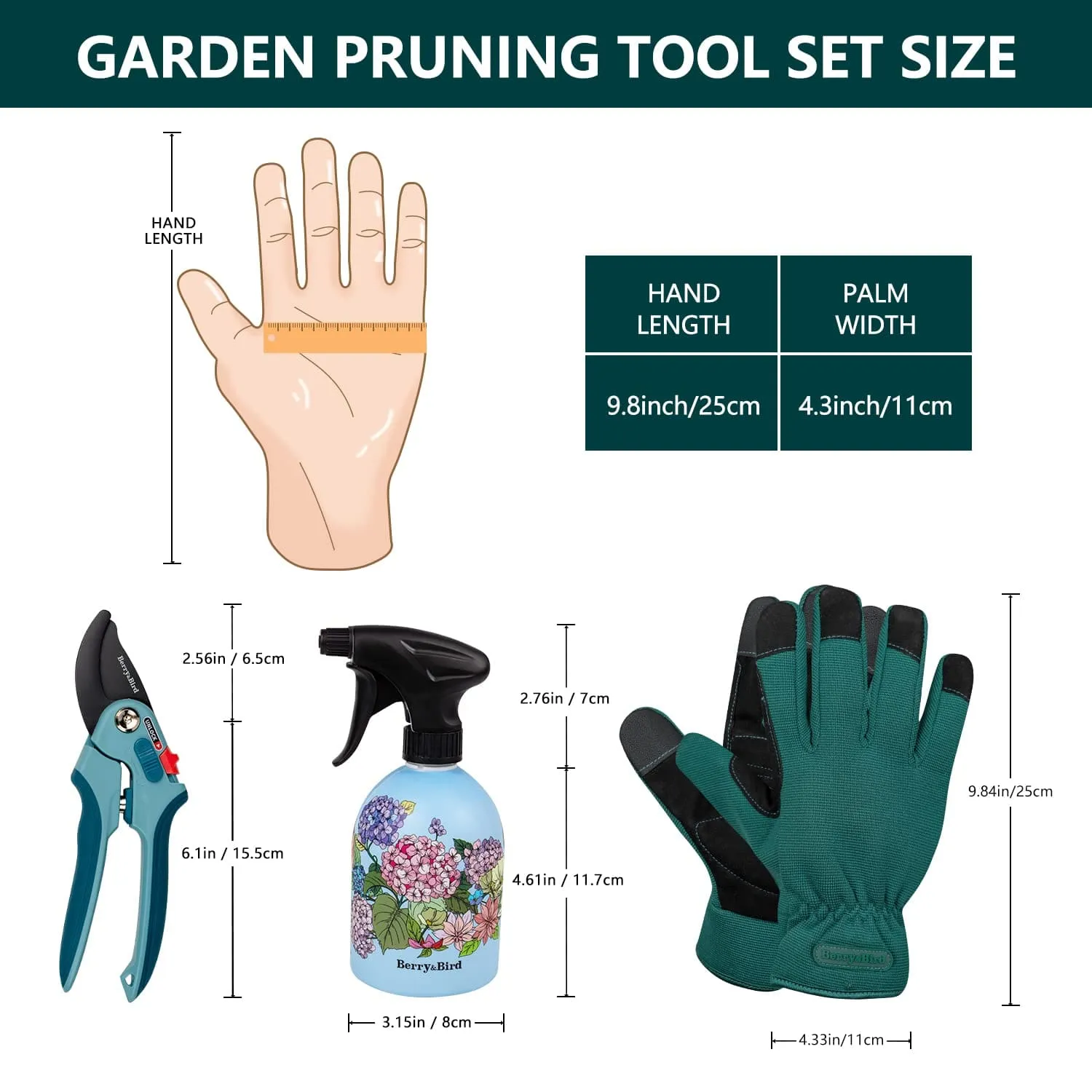 Garden Pruning Shear Set 3 PCS  Gardening Tool Kit (Bypass Pruning Shears, Gloves, Water Sprayer)