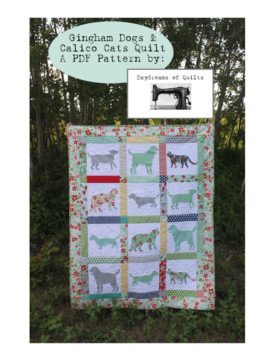 Gingham Dog and Calico Cat PDF Quilt Pattern Dog and Cat silhouette applique Crib or Toddler Bed Quilt