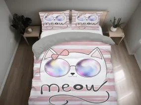 Girly cool cat bedding, toddler bedding, kids duvet cover set, gift for cat lovers, baby bedding, baby shower gift, pink bedding