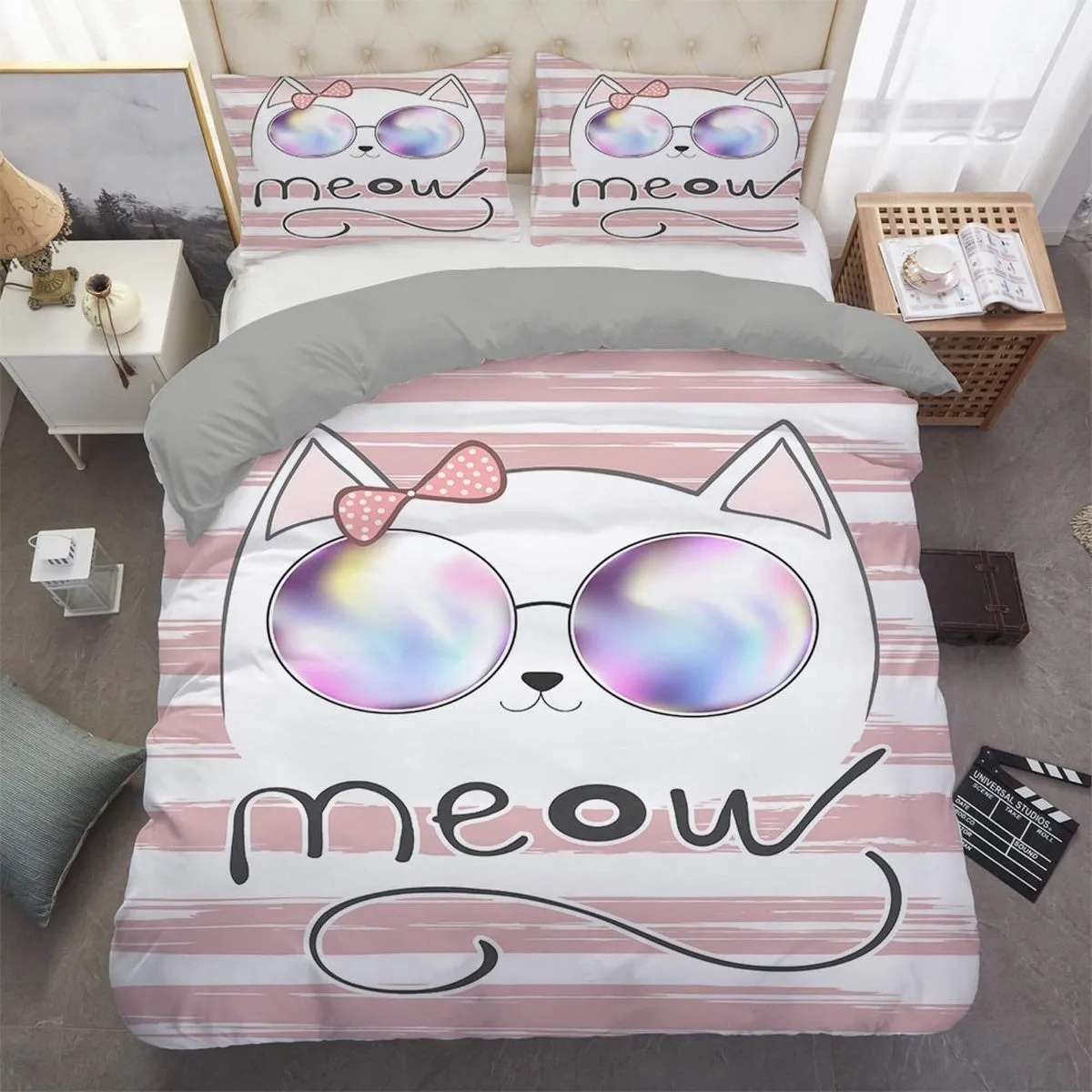 Girly cool cat bedding, toddler bedding, kids duvet cover set, gift for cat lovers, baby bedding, baby shower gift, pink bedding