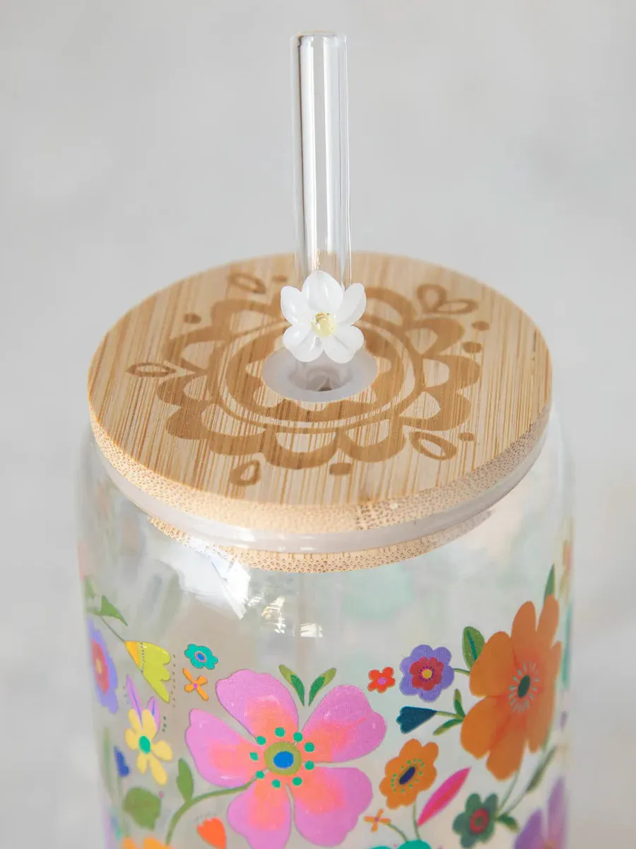 Glass Tumbler with Lid and Straw - Floral