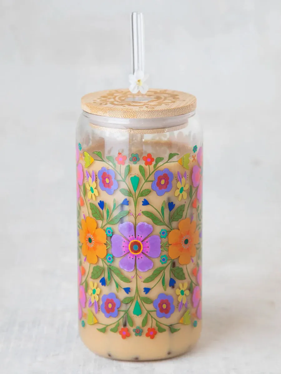 Glass Tumbler with Lid and Straw - Floral