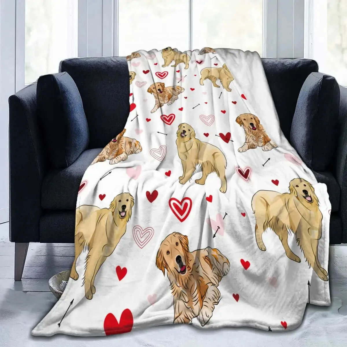 Golden Retriever Dog Love Doodles Hearts Flannel Blanket