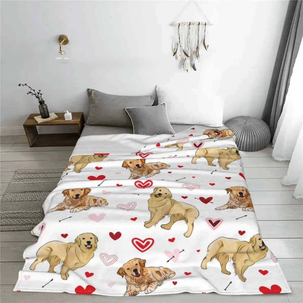 Golden Retriever Dog Love Doodles Hearts Flannel Blanket